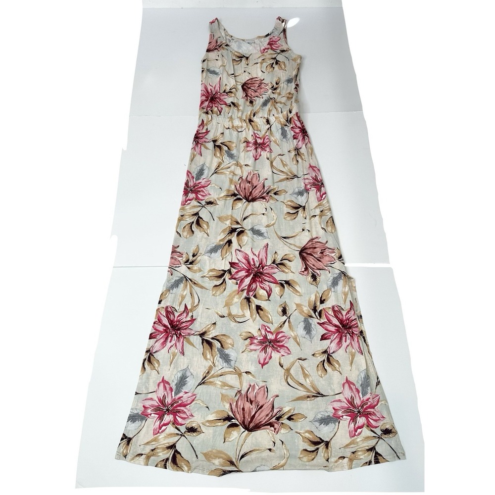 Lascana Sleeveless Maxi Dress Womens Size 6 Floral Cream Pink Scoop Neck